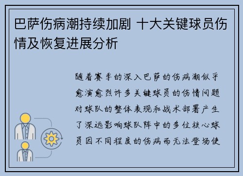 巴萨伤病潮持续加剧 十大关键球员伤情及恢复进展分析
